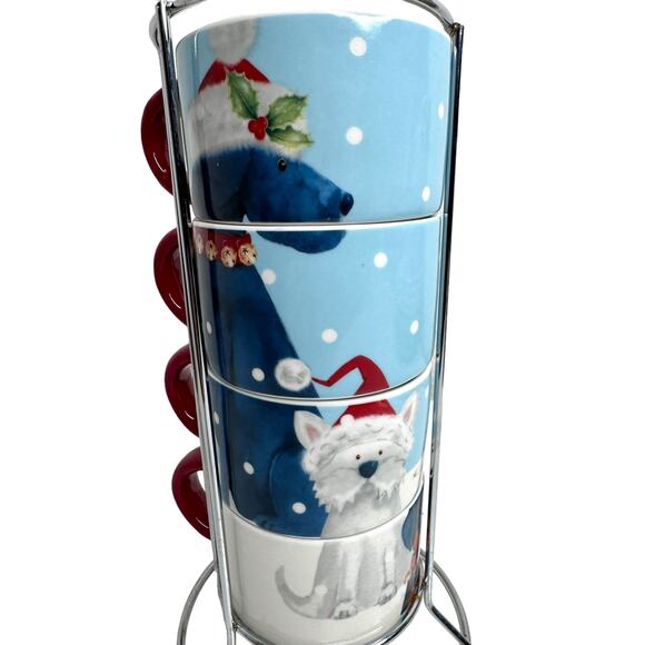 Pier 1 Imports Christmas Dog Stacking Mugs Set of 4 Stoneware Mugs With Caddy - Picture 8 of 10